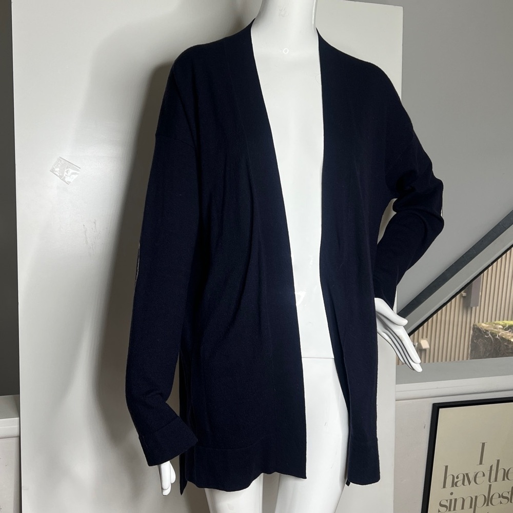 Akris Punto Sz 14 Navy White Open Cardigan Soft Virgin Wool Side Pockets
